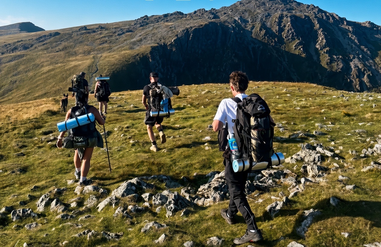 Hikers crossing open moorland toward a summit